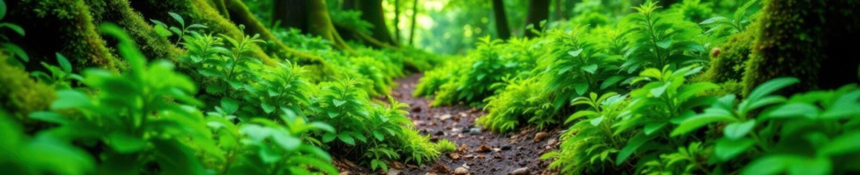 Lush ferns, moss, vibrant green foliage on trail , leaves, landscape