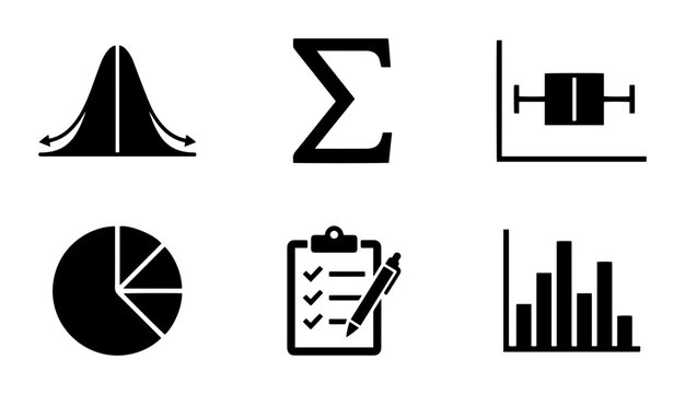 Statistical Icons Set: Normal Distribution, Summation, Box Plot, Pie Chart, Checklist, Bar Graph