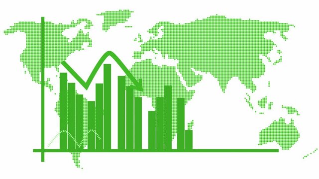Business chart and line graph over a world map showing global market decline and financial data analysis animation