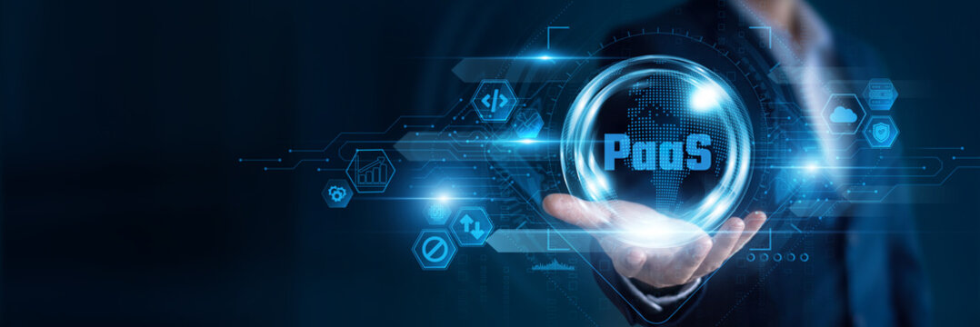Businessman hand hold PaaS and global networking data, managing cloud platforms, improving application development, supporting software deployment, enhancing digital services.