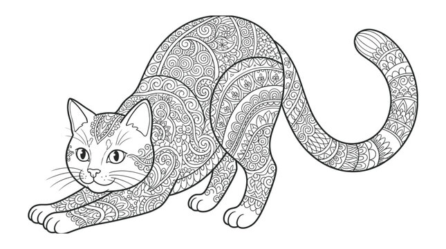 An ornate feline illustration features detailed swirling patterns against a black background cat vector drawing zentangle doodle pattern swirls
