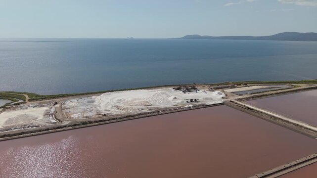 Salt Works In Sant'Antioco, South Sardinia, Italy With Shallow Geometric Ponds Across The Coastal Landscape. Aerial Drone Shot