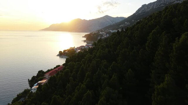 Drone Footage of Rocky Croatian Coastline and Adriatic Sea at Golden Hour