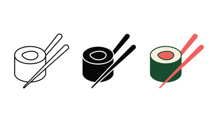 Sushi maki roll icon set, chopsticks in outline, solid and colorful styles, clean vector graphics for Japanese food menus, restaurant branding and culinary design.   © Ayat04