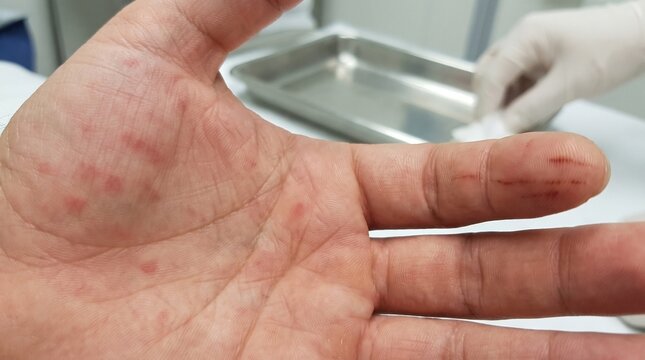 Close-up view of human hand palm with red maculopapular rash and skin irritation in a clinical setting