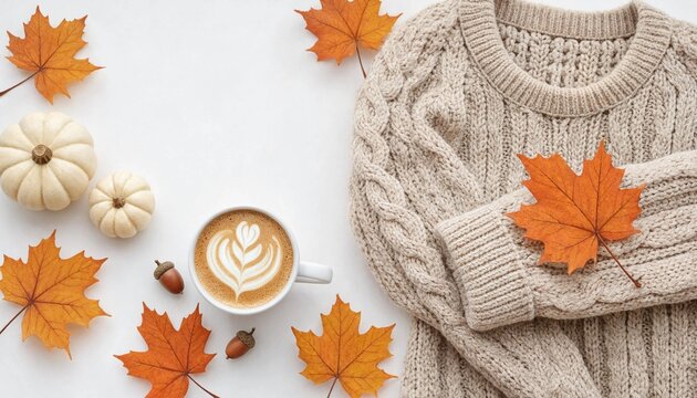 Flat lay composition of a cozy knitted sweater with autumn leaves and coffee