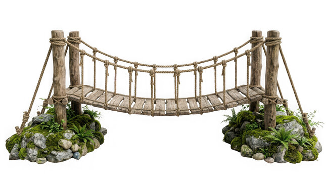 Miniature rustic rope suspension bridge with wooden planks isolated on transparent background