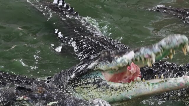 Crocodile feeds on meat when swimming in the water