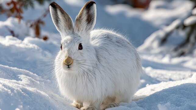A snowshoe hare sits camouflaged against the winter snow, its white fur blending into the landscape, emphasizing the beauty of wildlife in winter