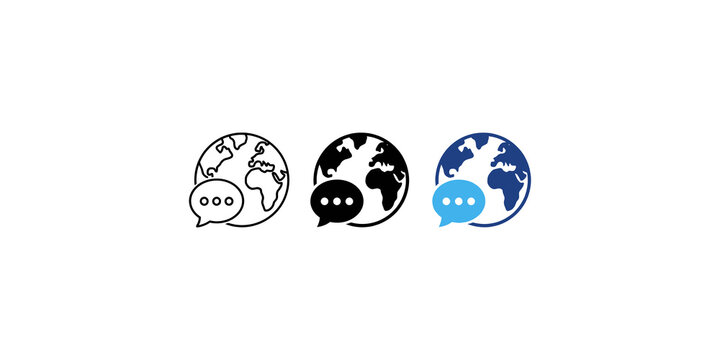 Three globe chat icons in outline, filled, and blue versions depicting global communication and social interaction.
