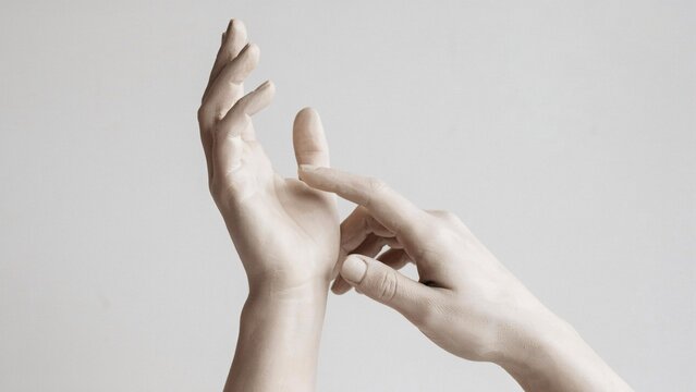 Two hands touching fingers against a light gray background