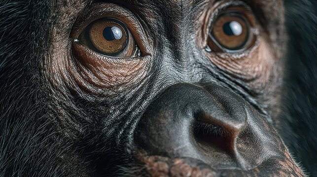 Chimpanzee face close-up. Intense eyes, wrinkled skin, showing the raw beauty of wildlife and nature