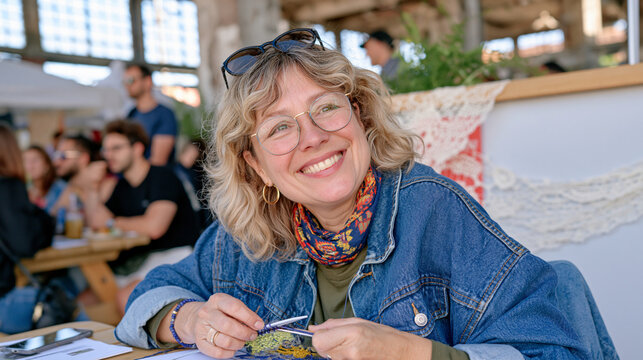 Lacemaker surrounded by crowd at industrial arts market, pop-up restaurant partition behind her draped with hand-worked bobbin lace, artisan collision of craft and dining culture, heritage textile c