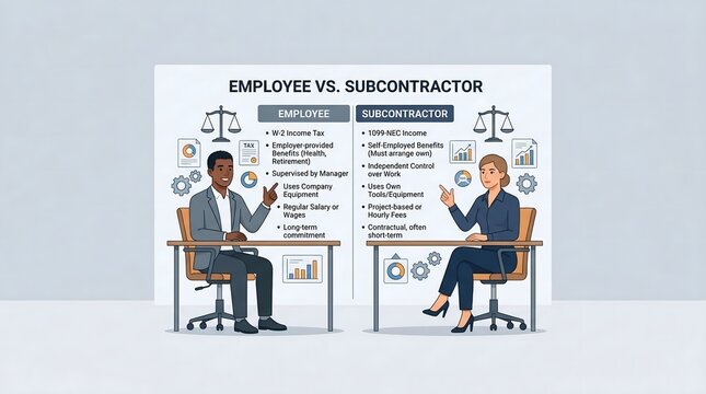 Employee Versus Subcontractor Comparison Infographic Explaining Workplace Legal Differences