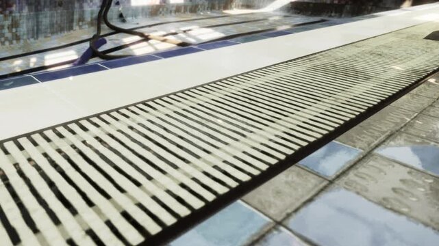 A swimming pool deck displays a drainage system during warm weather. The surface is clean and in good condition. Water flows through the slotted drainage across the deck.
