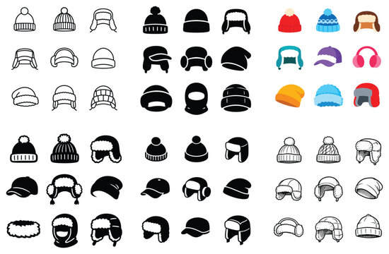 winter and cold weather design icons with beanie, trapper hat and earmuff for branding design in flat illustration style