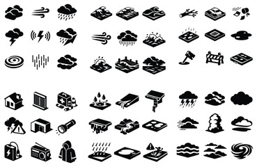 Obraz premium Natural disaster and weather concept icons with storm, rain, flood, waves and emergency tools for safety infographic in solid monochrome style