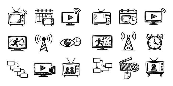 Television show and broadcast icon set with on screen action broadcast signal and viewing time for mobile app design in minimal line art style