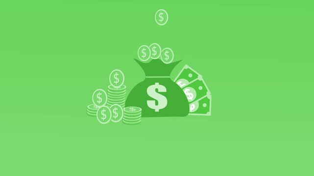 Flat animation money bag with dollar sign coins and banknotes animation