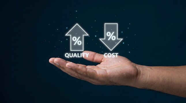 Hand holding virtual arrows representing rising quality and low cost.