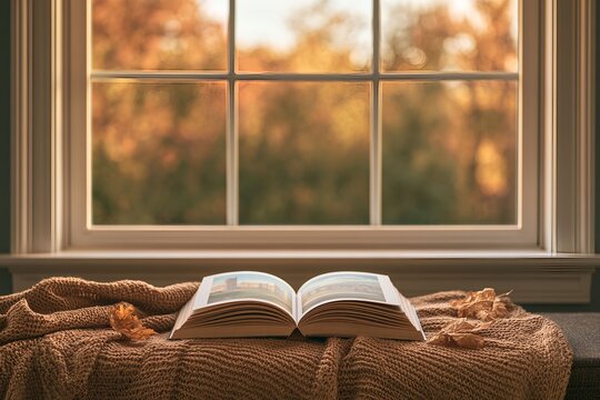 Autumn book reading cozy window seat indoor autumn scene
