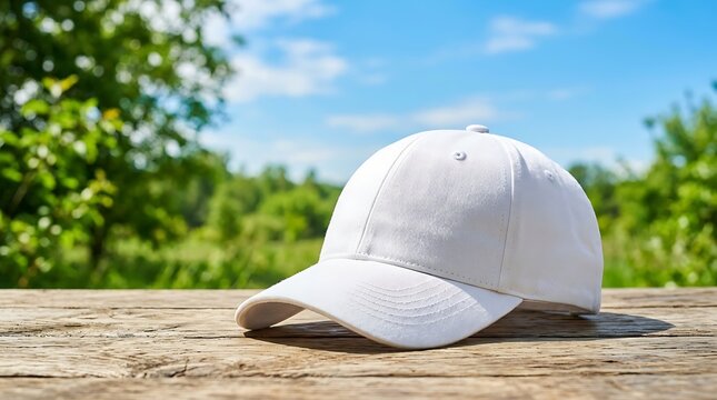Blank white baseball cap sitting on a wooden table outdoors on a bright and sunny summer afternoon. basball cap