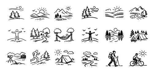 Naklejka premium Active recreation and nature design icons with forest air, scenic background and active rest for branding use in black line art style
