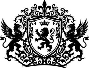 Fototapeta premium Heraldic coat of arms with lion and griffins. Vintage royal shield emblem with mythical creatures. Ornate black crest vector for luxury branding.