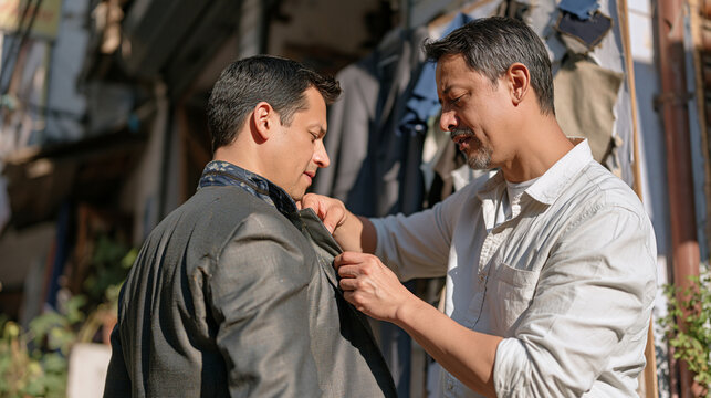 Tailor working in harsh midday sun outside a neighbourhood workshop, adjusting a jacket on a standing client in a candid unposed moment, fabric swatches pinned to a board, a competitor's garment han