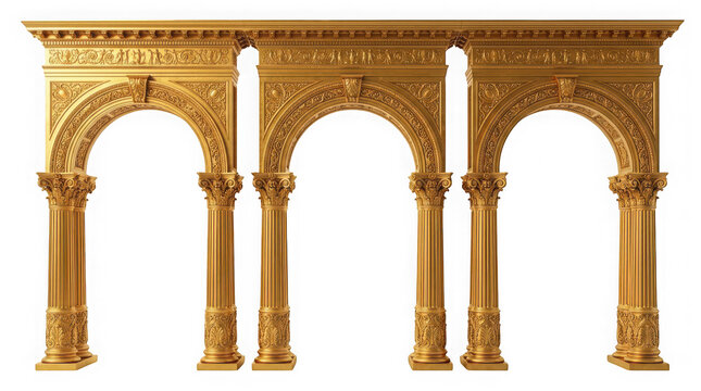 Ornate golden classical architectural archway with columns isolated on transparent background