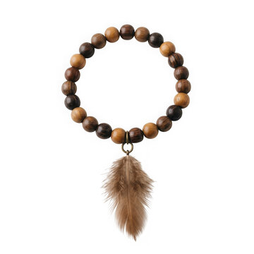 Wooden bead bracelet with a brown feather charm isolated on transparent background