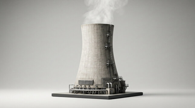 Nuclear reactor cooling tower with detailed industrial infrastructure