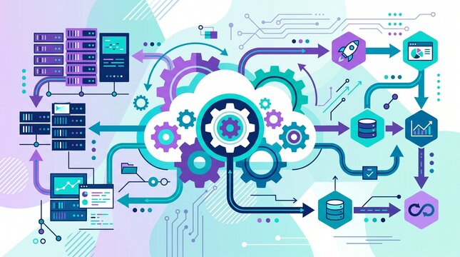 Cloud automation concept showing intelligent workflows, virtual servers and interconnected systems operating through automated cloud technology.