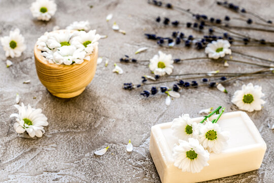 organic cosmetics with camomile on stone background