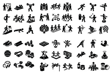 Fototapeta premium Fitness and sports vector icons with running, weightlifting and yoga for mobile app design in solid style
