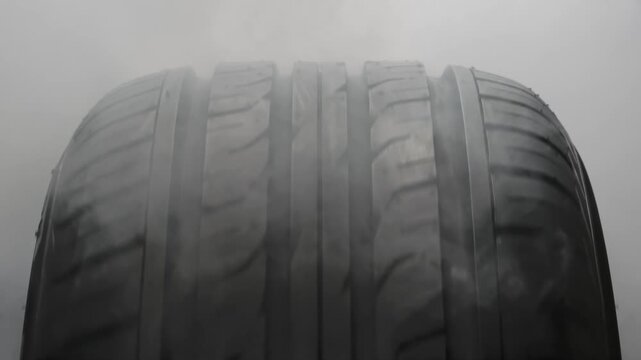 Car Wheel is Shrouded in Gray Smoke. The spinning wheel rubs against the asphalt and creates a cloud of white smoke on a black background