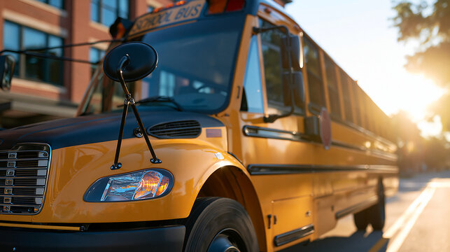 iconic yellow school bus parked before a school building in bright morning light, signaling the start of the academic year, back to school concept, student commute, bright, with