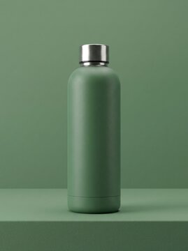 Green insulated reusable water bottle mockup on solid background