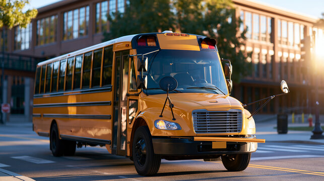 iconic yellow school bus parked before a school building in bright morning light, signaling the start of the academic year, back to school concept, student commute, bright, with