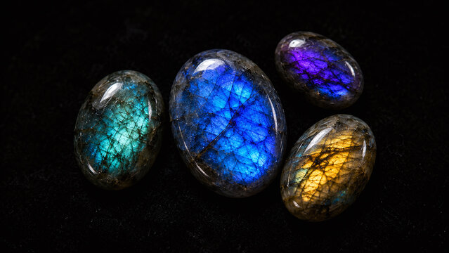Four labradorite oval cabochon stones macro showing blue teal violet gold schiller flash simultaneously on black velvet gemology mineral crystal
