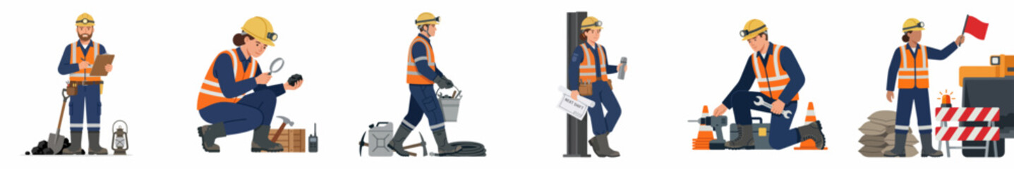Fototapeta premium Set of diverse construction workers in safety gear performing various professional tasks on-site, including surveying, manual labor, and site management illustrations.