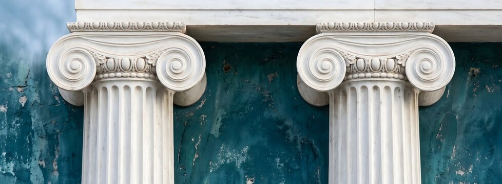 Two white marble columns with ionic capitals on textured blue wall.