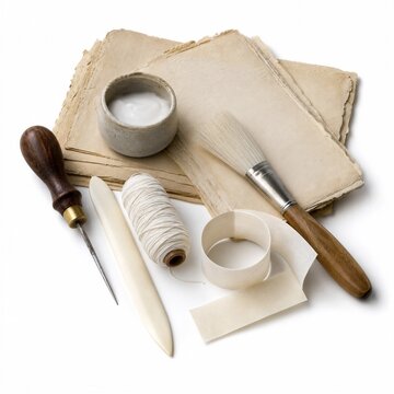 Professional bookbinding tools and restoration supplies for antique book repair projects.