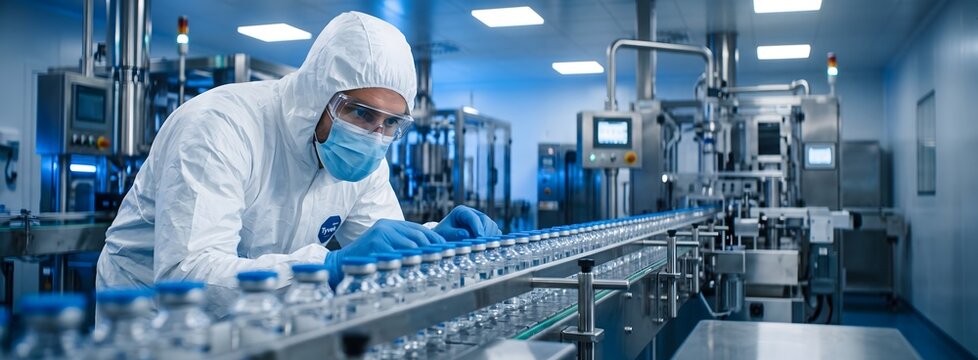Scientist examining vials on pharmaceutical production line.