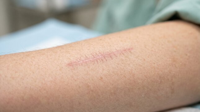 Close up of a person with a faint scar on their arm.
