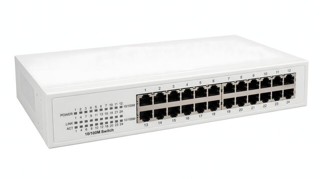White 24-port 10/100M ethernet network switch for data connectivity.