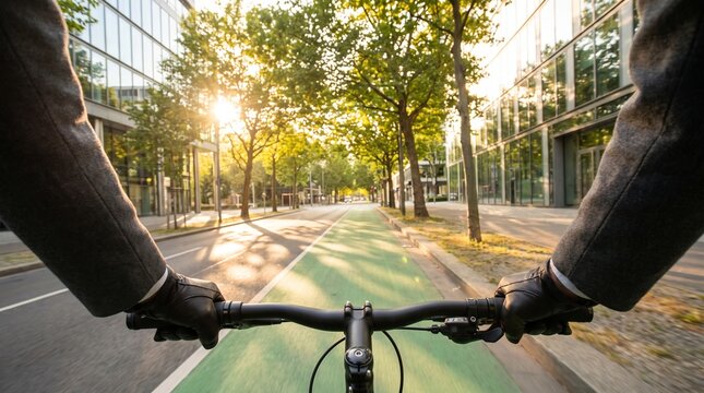 Dynamic first-person perspective of a professional in a suit actively cycling on a distinct green bike lane, highlighting a modern, sustainable urban commute under bright sunlight