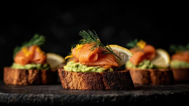 A photorealistic macro shot of gourmet appetizers features toasted baguette with creamy avocado, smoked salmon, dill, and lemon zest. Warm lighting enhances the bread and fish texture.