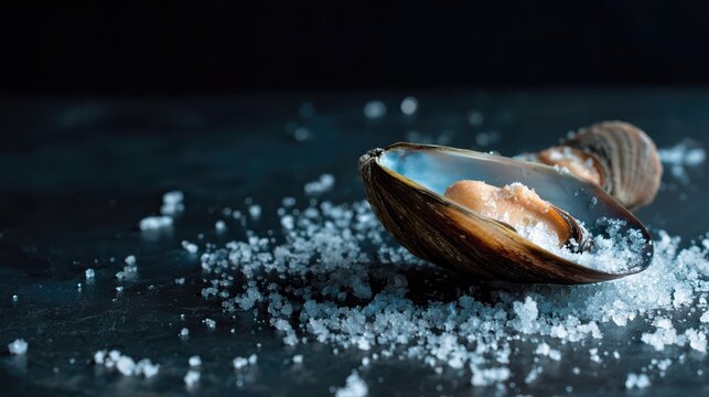 A fresh clam shell rests on coarse sea salt, highlighting its briny texture. The image captures seafood's natural allure and culinary appeal in elegant detail.
