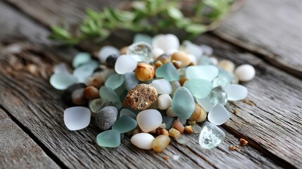 Naklejka premium Smooth seaglass and pebbles rest atop rustic driftwood. The soft aqua and turquoise tones create a serene, coastal-inspired natural arrangement.